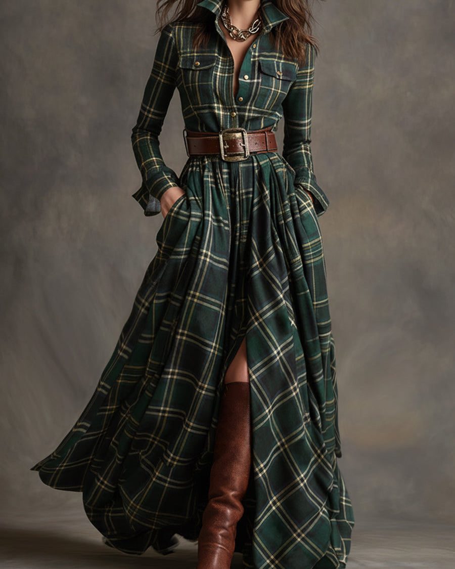 Giulia - Długa sukienka w brązowo-czerwonych kratkach w stylu etnicznym retro z kołnierzykiem