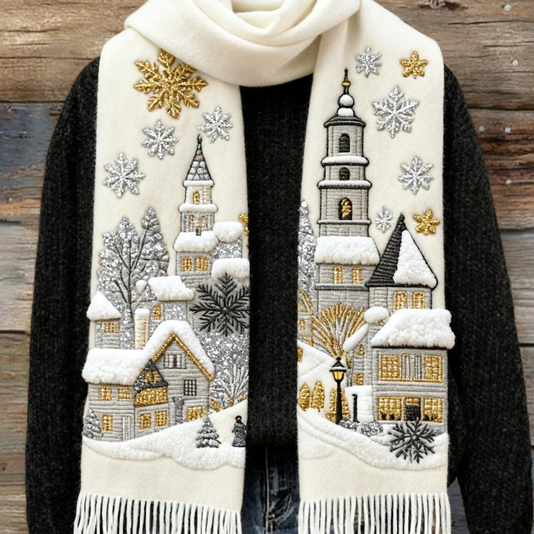 Damski szalik dziany z haftem świątecznym