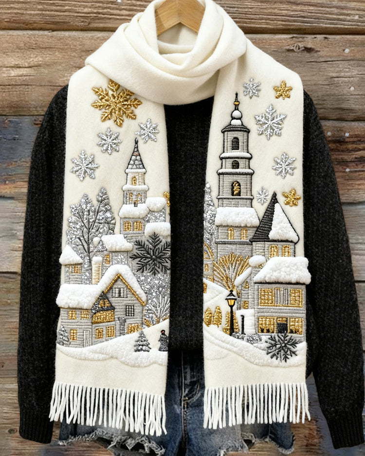 Damski szalik dziany z haftem świątecznym
