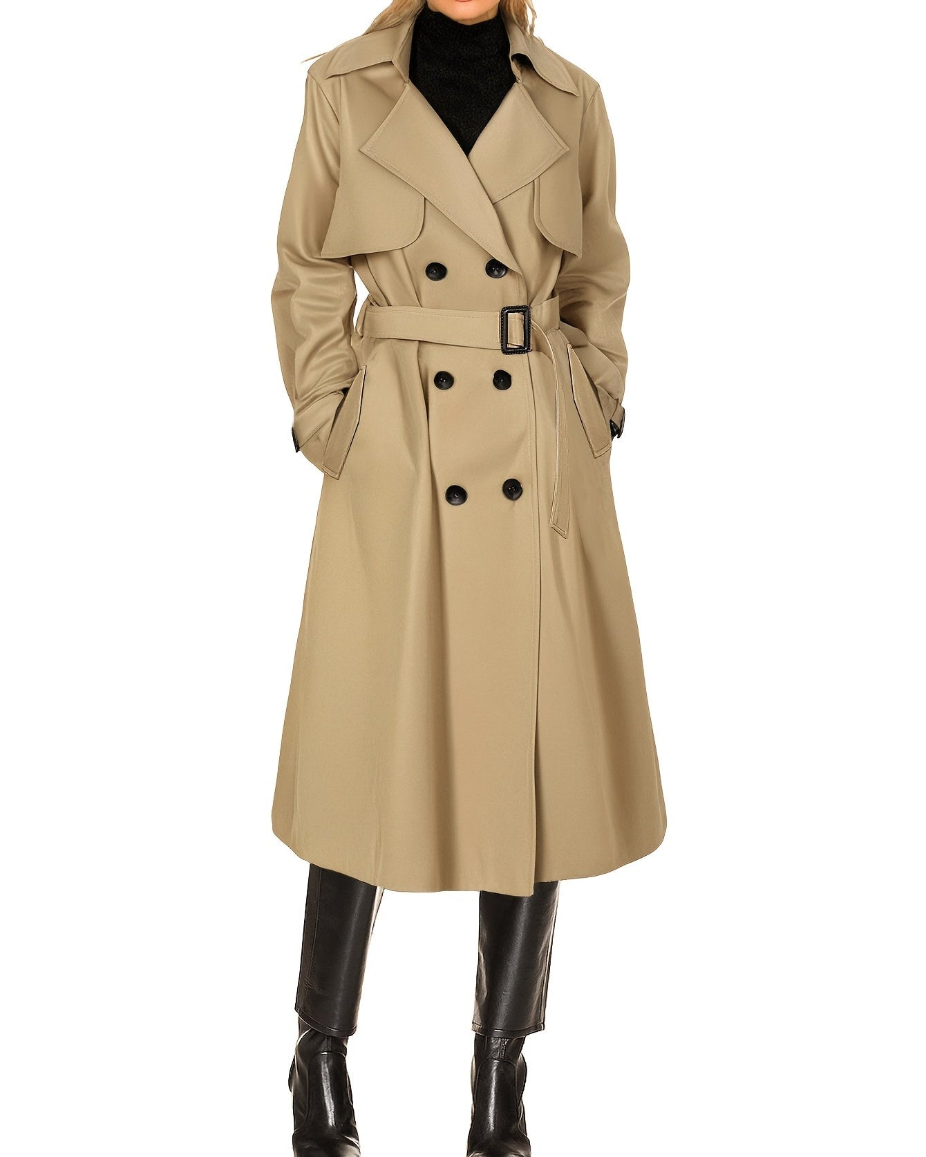 Damski Dwurzędowy Długi Trencz – Wiatroodporna Elegancka Odzież Wierzchnia