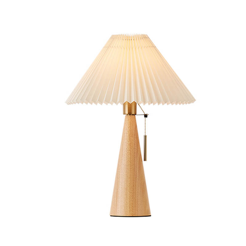 Lampa stołowa z plisowanym kloszem – drewniana podstawa, styl skandynawski