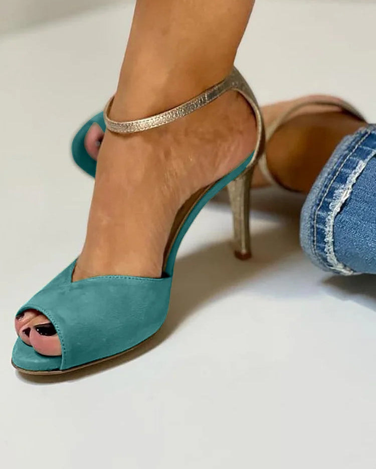 LIV | BLIZGANTYS PEEP-TOE Z WYSOKIM OBCASIEM, PASEK I ZAPIĘCIE