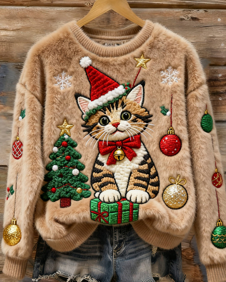 Miękki sweter z haftem choinki i kota dla kobiet