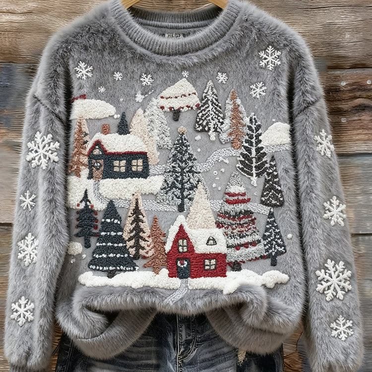 Miękki i Wygodny Sweter z Haftem Zimowej Sceny Bożonarodzeniowej dla Kobiet