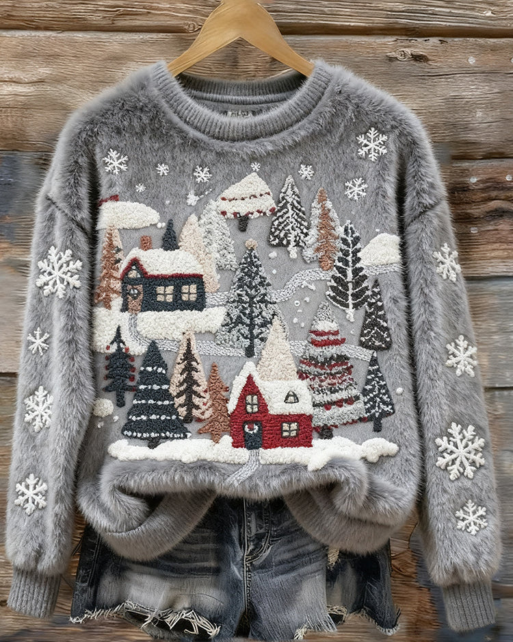 Miękki i Wygodny Sweter z Haftem Zimowej Sceny Bożonarodzeniowej dla Kobiet