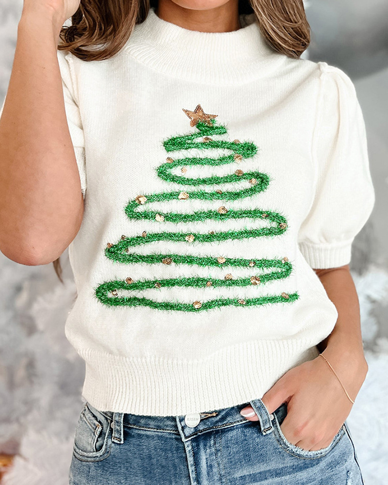 Damski Biały Sweter Świąteczny - Krótki Rękaw i Wzór Choinki
