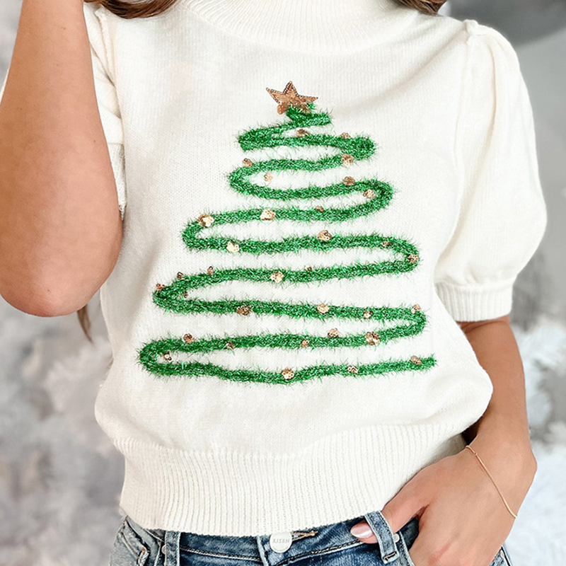 Damski Biały Sweter Świąteczny - Krótki Rękaw i Wzór Choinki
