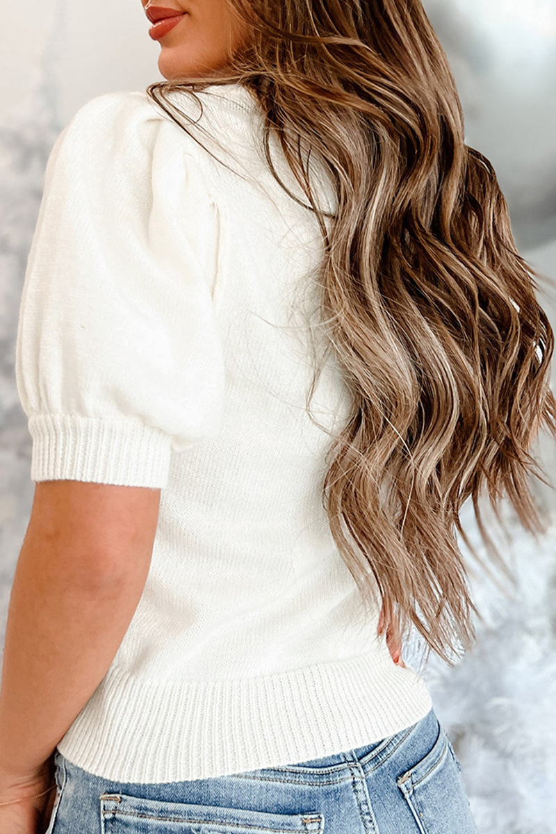 Damski Biały Sweter Świąteczny - Krótki Rękaw i Wzór Choinki