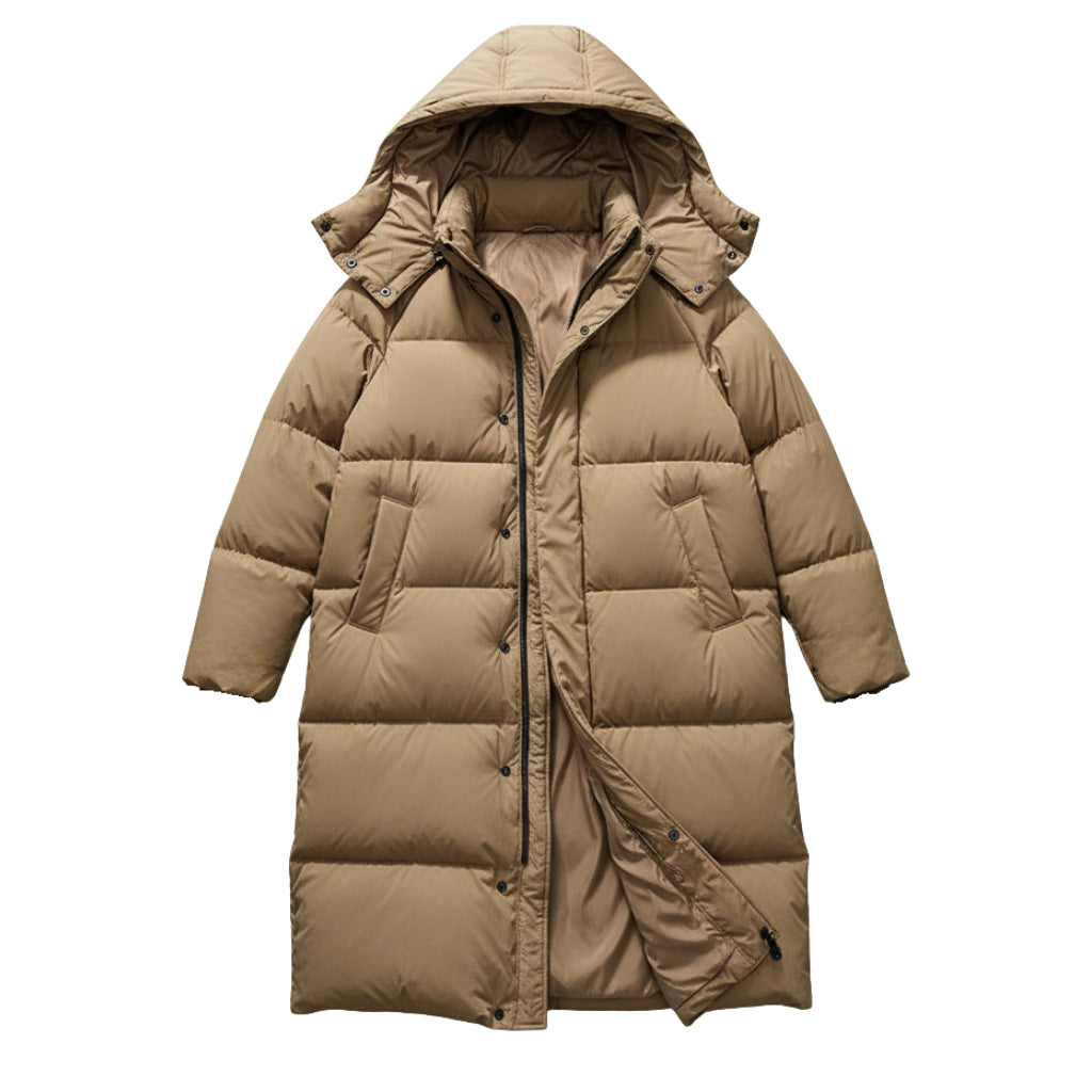 Damski Długi Płaszcz Puchowy Maxi - Z Wysokim Kołnierzem i Kapturem