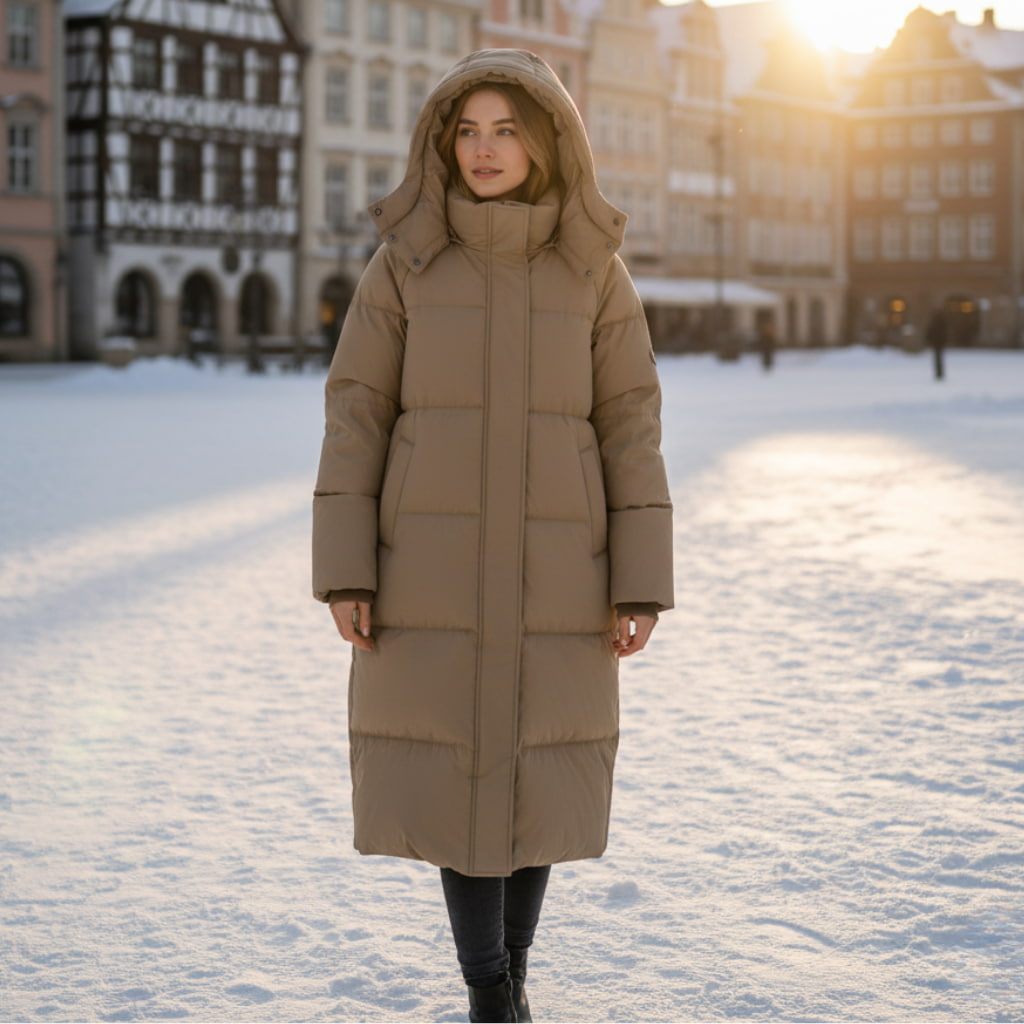 Damski Długi Płaszcz Puchowy Maxi - Z Wysokim Kołnierzem i Kapturem
