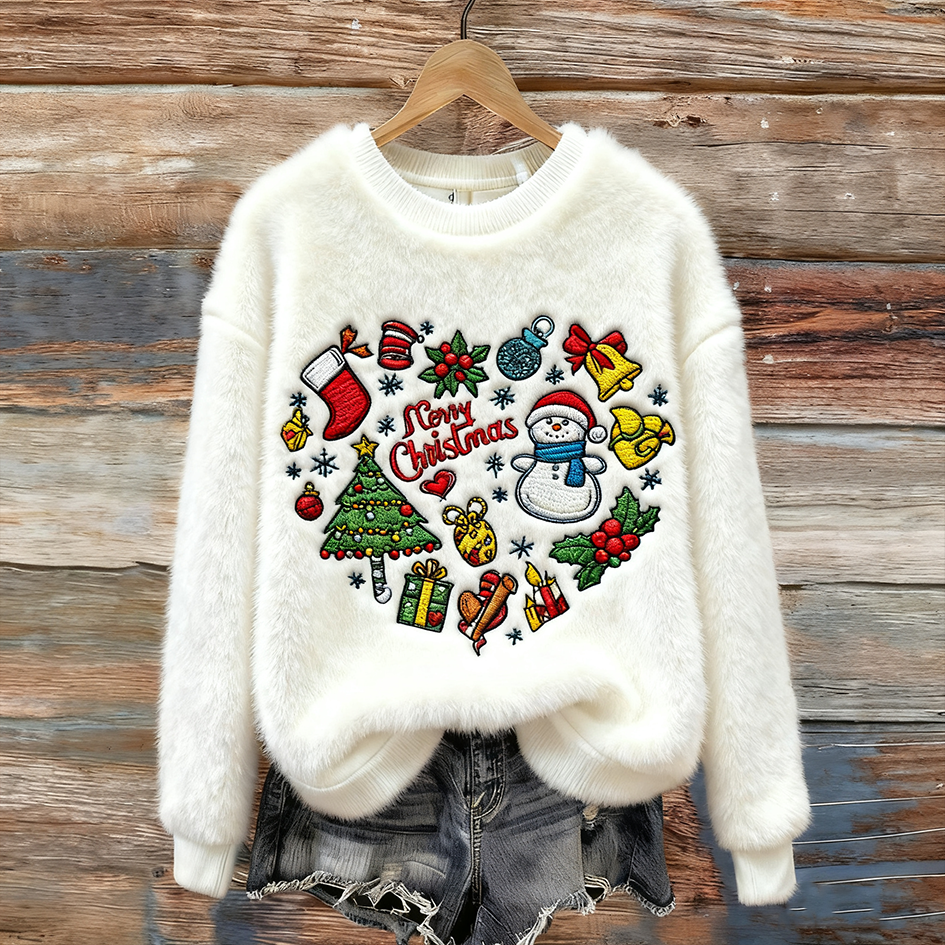 Damska flanelowa bluza z okrągłym dekoltem na zimowe święta