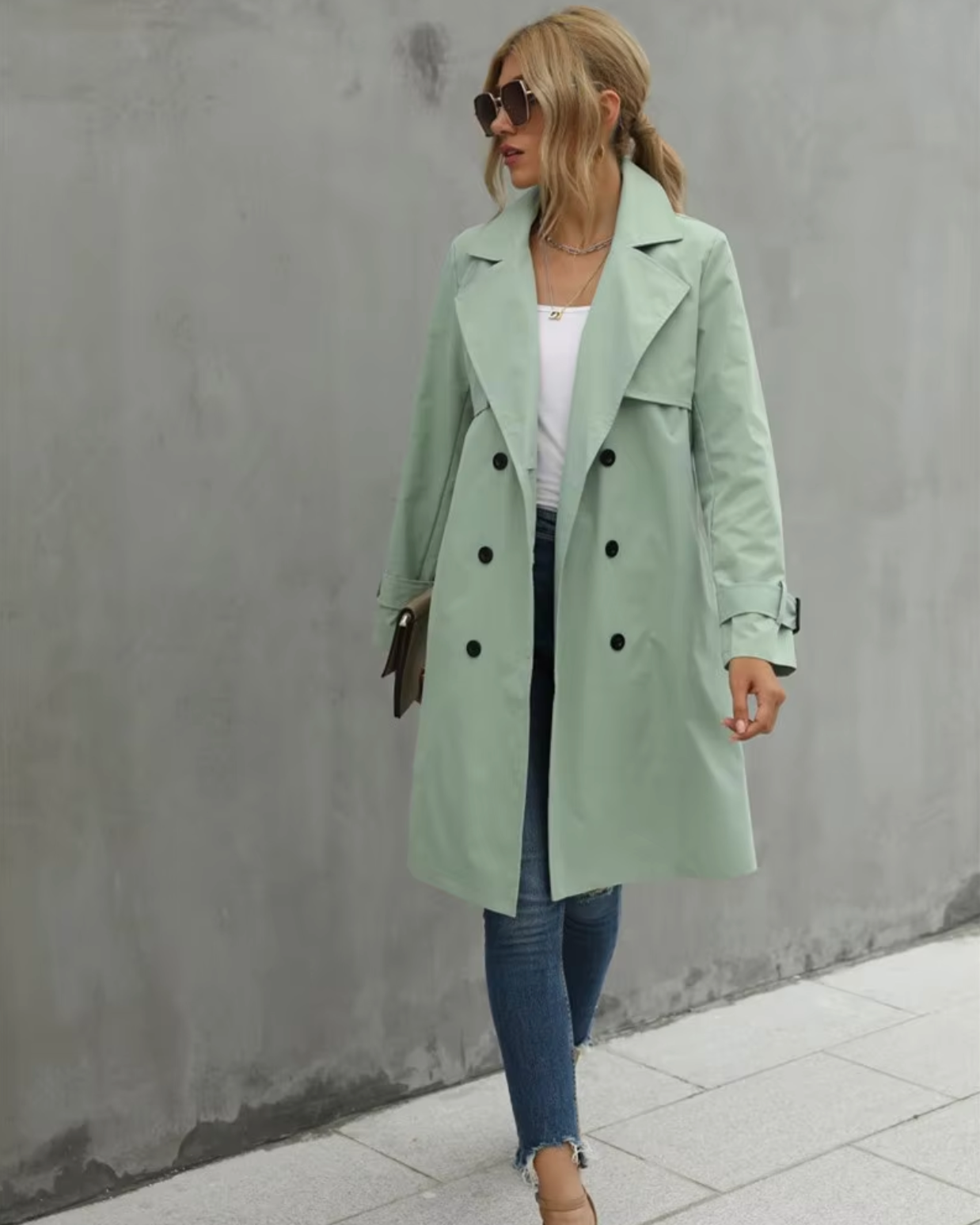 Damski Długi Trencz –  Casualowa Odzież Wierzchnia Wiatroodporna