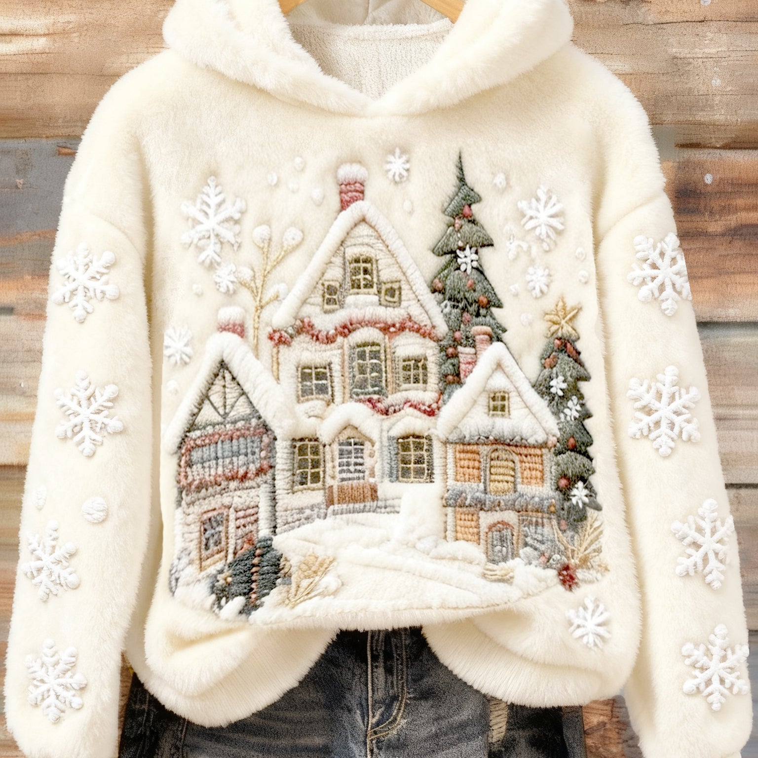 Bluza z kapturem z haftem w flaneli z świąteczną sceną śnieżną dla kobiet