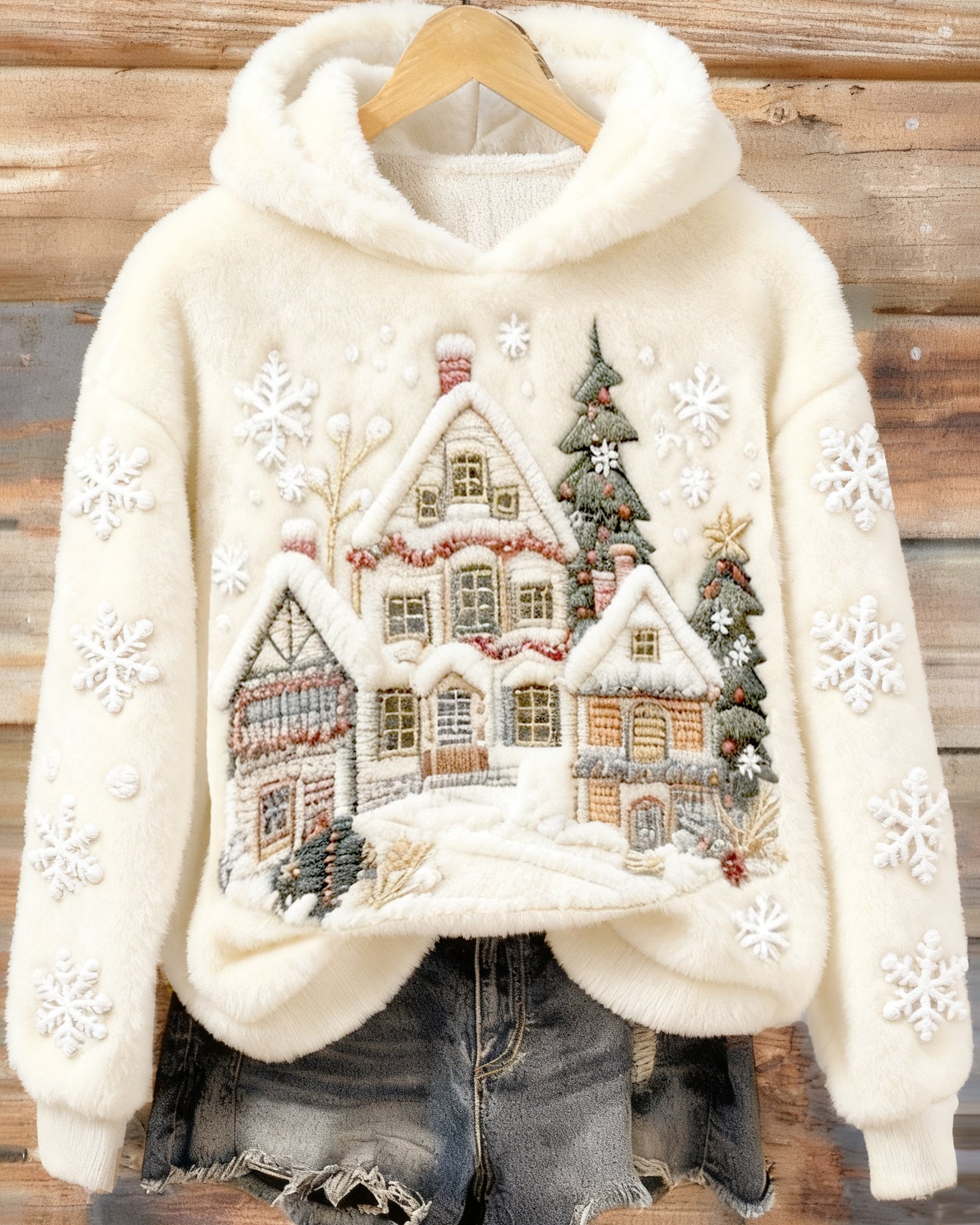 Bluza z kapturem z haftem w flaneli z świąteczną sceną śnieżną dla kobiet