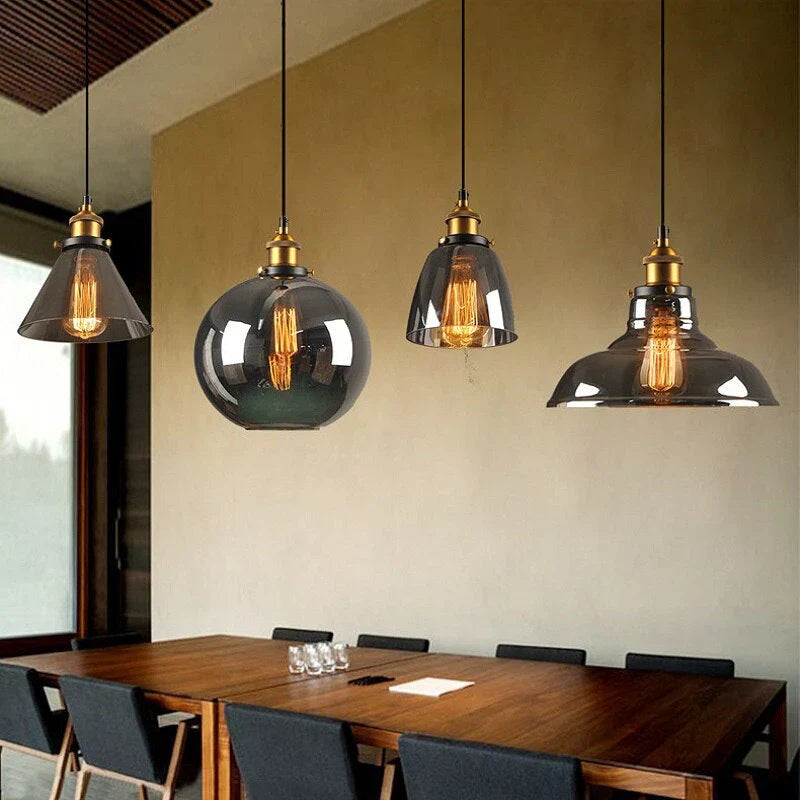 Industrialna lampa wisząca retro ze szkłem – Klosz z dymionego szkła