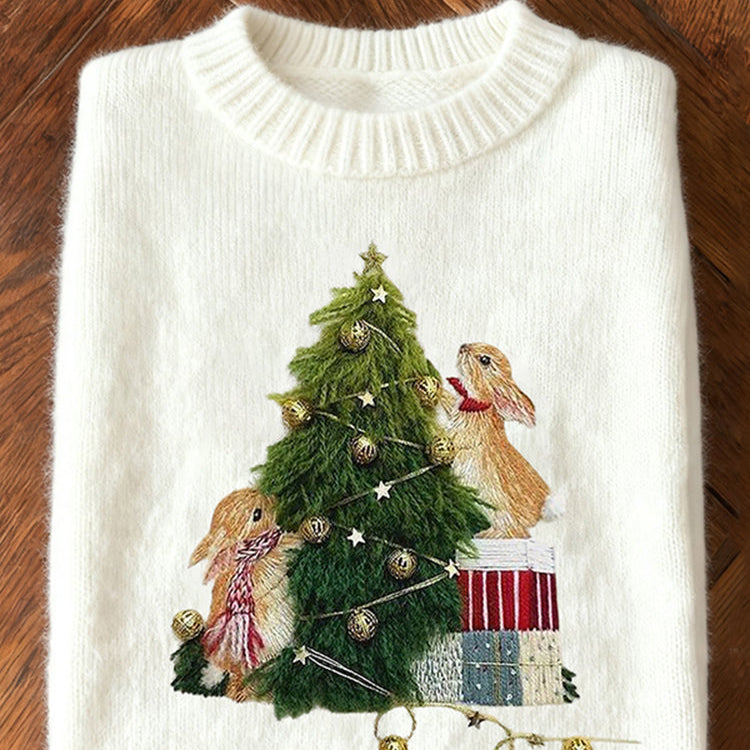 Ciepły Sweter z Haftem Królika i Choinki dla Kobiet