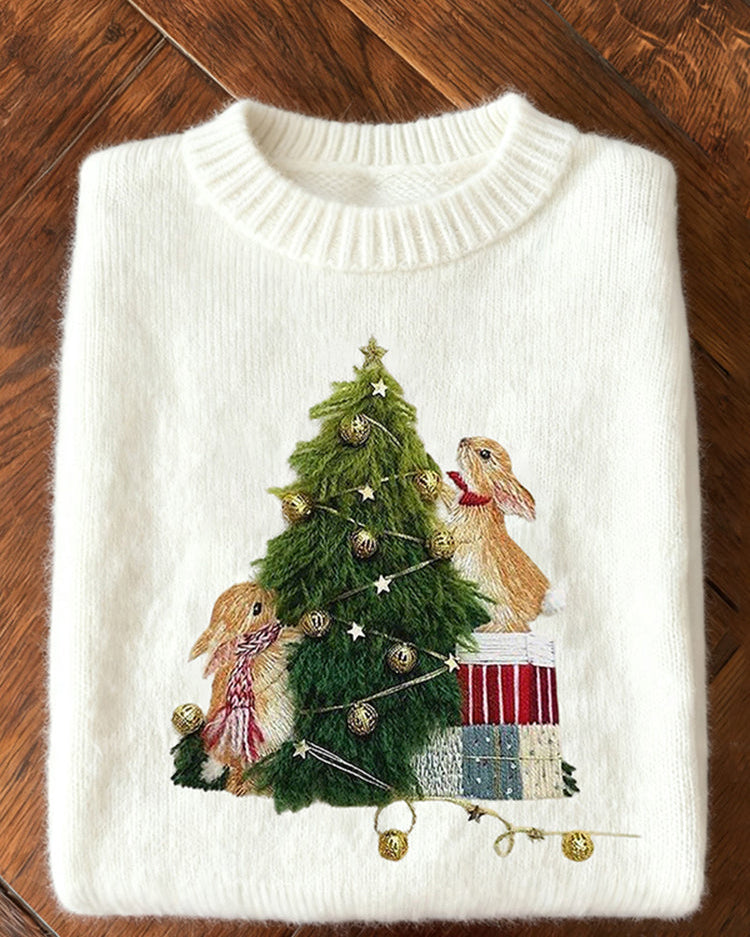 Ciepły Sweter z Haftem Królika i Choinki dla Kobiet