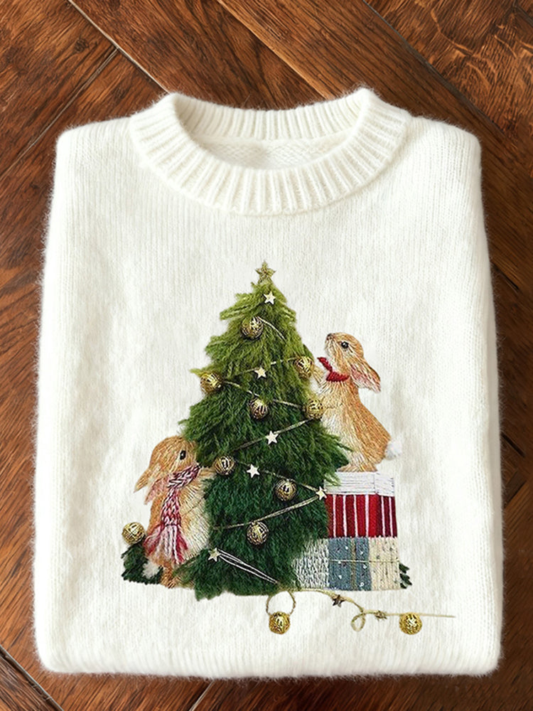 Ciepły Sweter z Haftem Królika i Choinki dla Kobiet