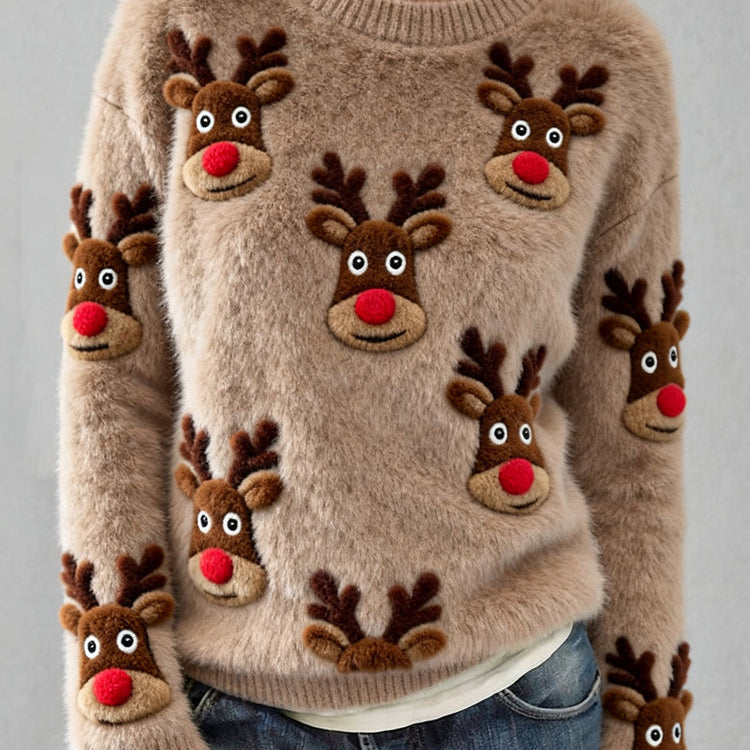 Sweter Damski z Dzianiny z Motywem Renifera na Święta