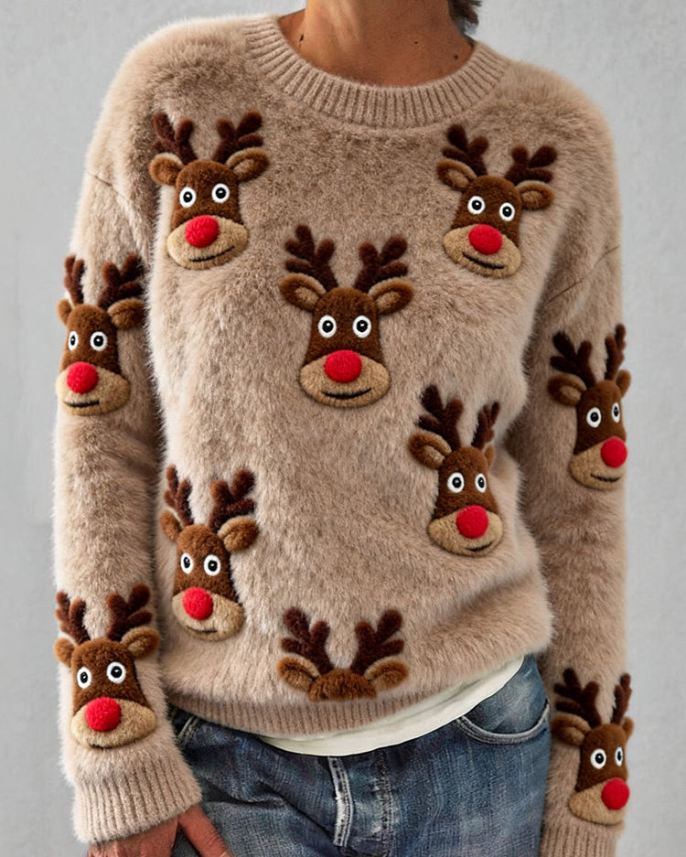 Sweter Damski z Dzianiny z Motywem Renifera na Święta