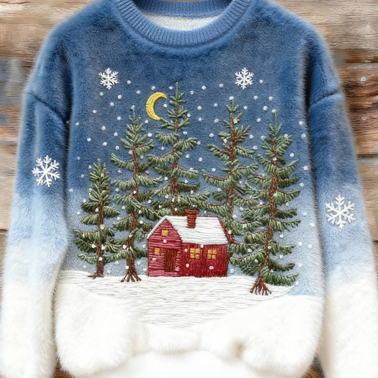 Kobiece Sweter z Fleece z Wzorem Czerwonego Domu Bożonarodzeniowego w Lesie Płatków Śniegu i Choinek