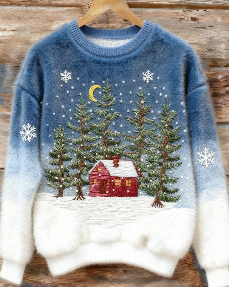 Kobiece Sweter z Fleece z Wzorem Czerwonego Domu Bożonarodzeniowego w Lesie Płatków Śniegu i Choinek
