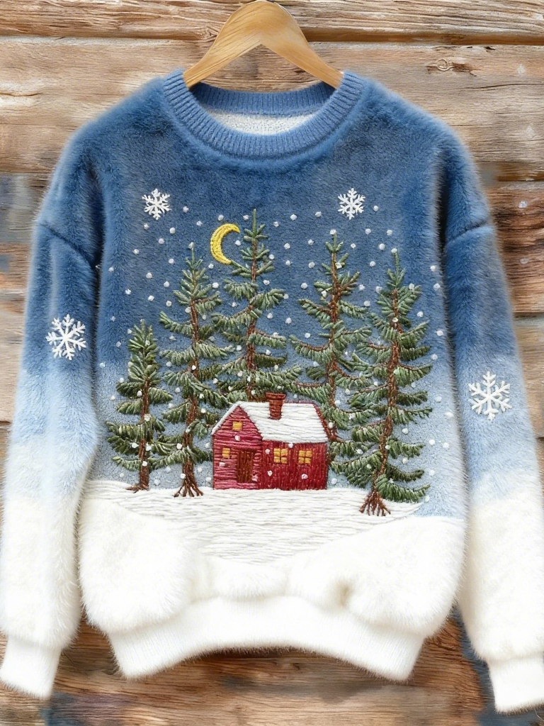 Kobiece Sweter z Fleece z Wzorem Czerwonego Domu Bożonarodzeniowego w Lesie Płatków Śniegu i Choinek