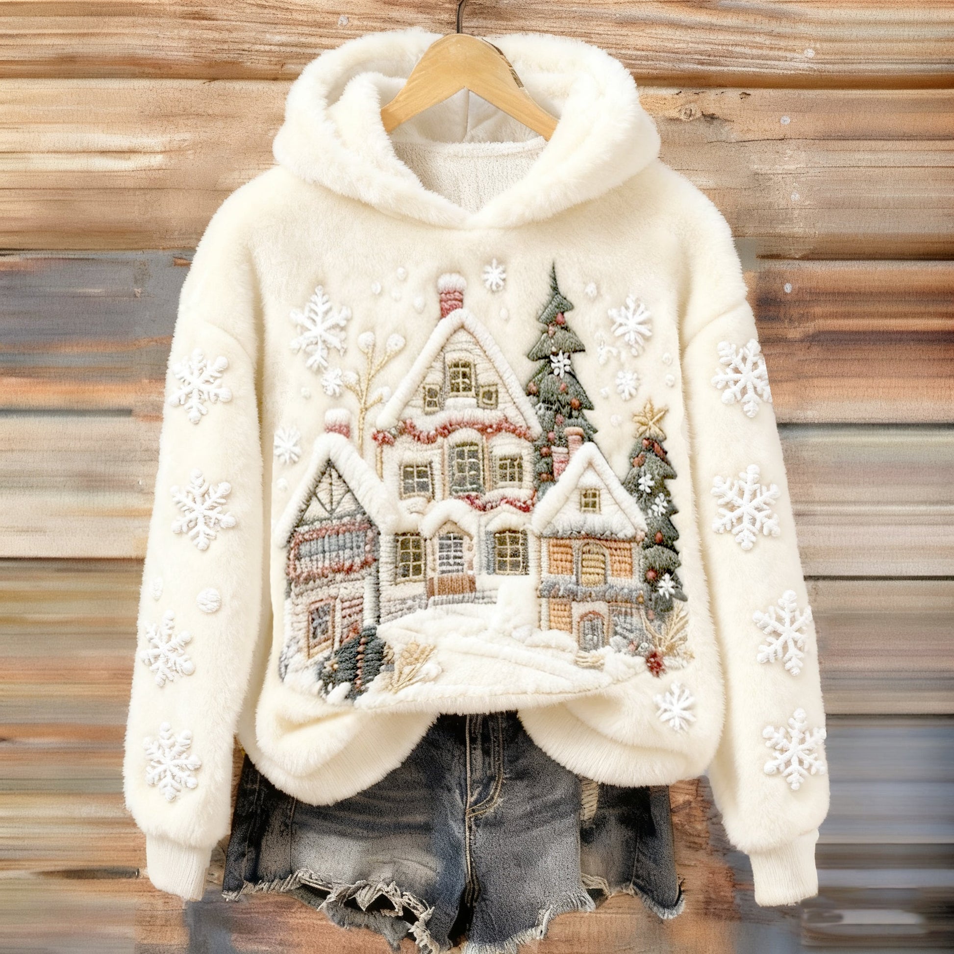 Bluza z kapturem z haftem w flaneli z świąteczną sceną śnieżną dla kobiet