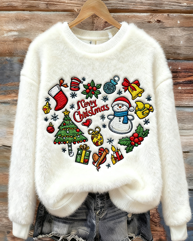 Damska flanelowa bluza z okrągłym dekoltem na zimowe święta