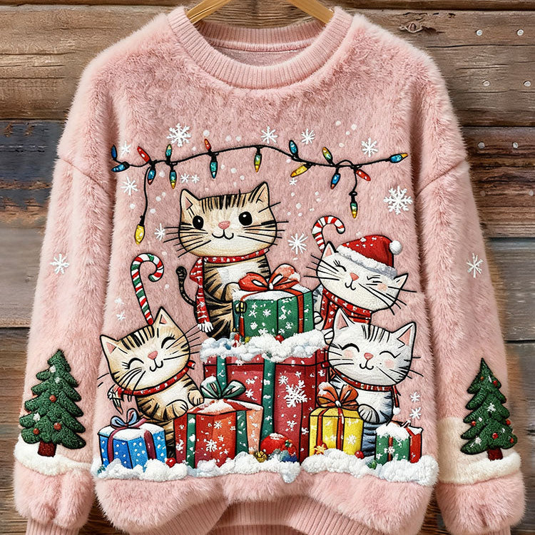 Futrzana Bluza z Haftem z Kotem na Święta dla Kobiet