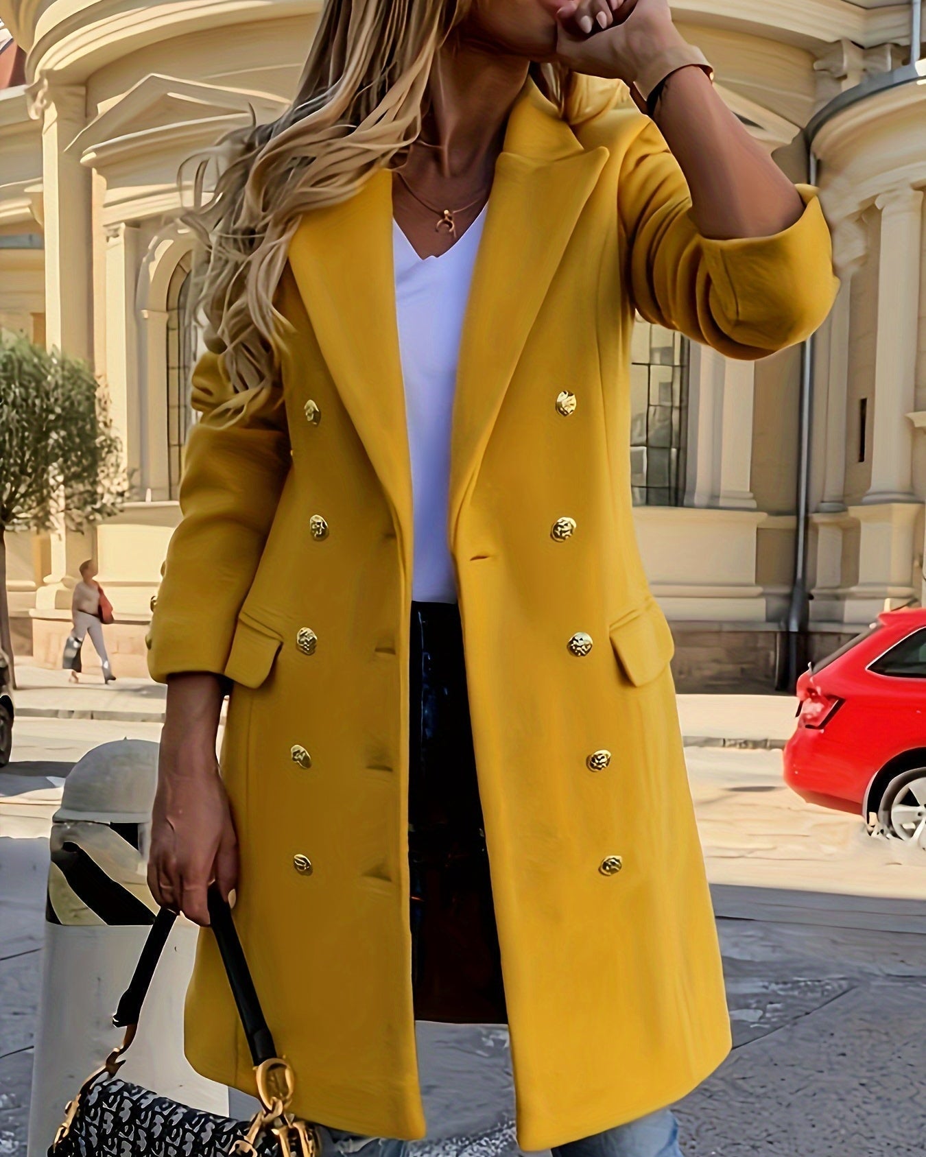 Damski Żółty Płaszcz Dwurzędowy - Długi, Z Klapami