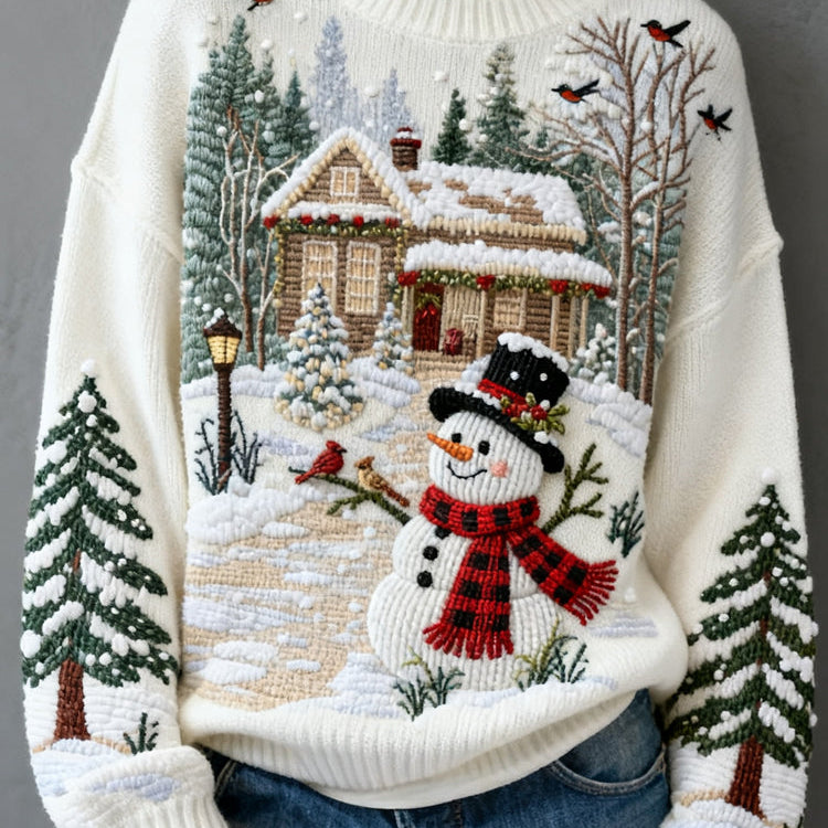 Sweter damski z haftem w motyw choinki i bałwanka