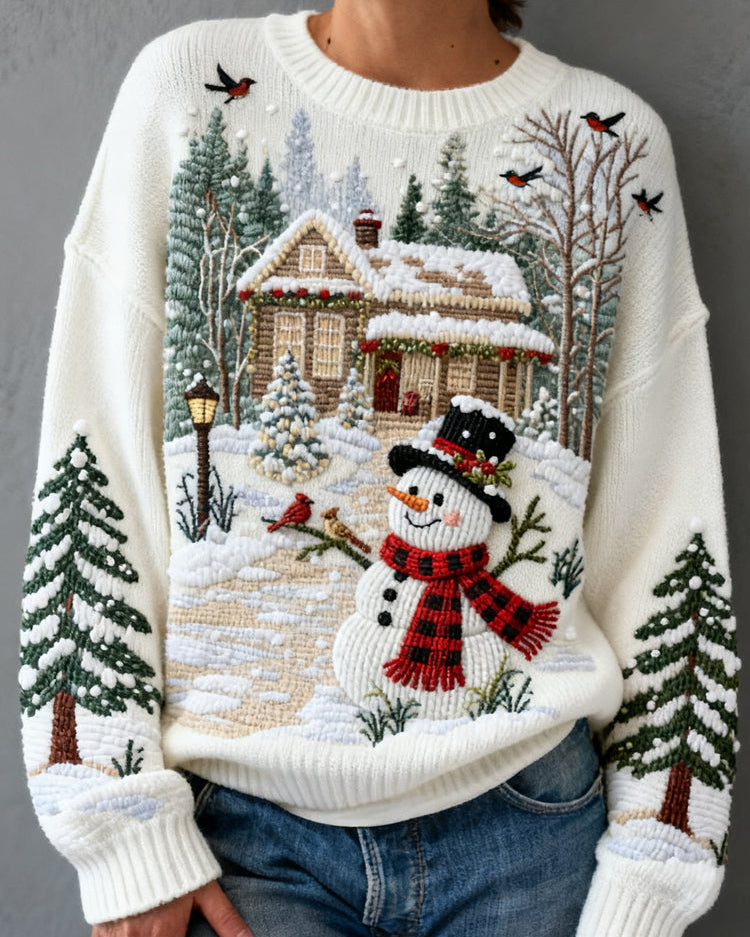 Sweter damski z haftem w motyw choinki i bałwanka