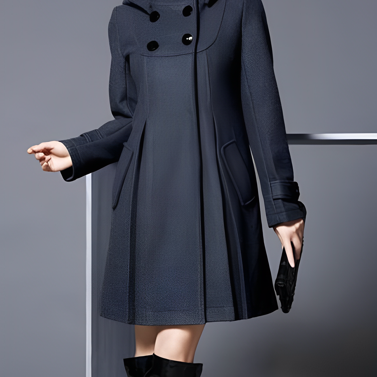 Damski Płaszcz Zimowy - Dwurzędowy i Rozkloszowany Fason