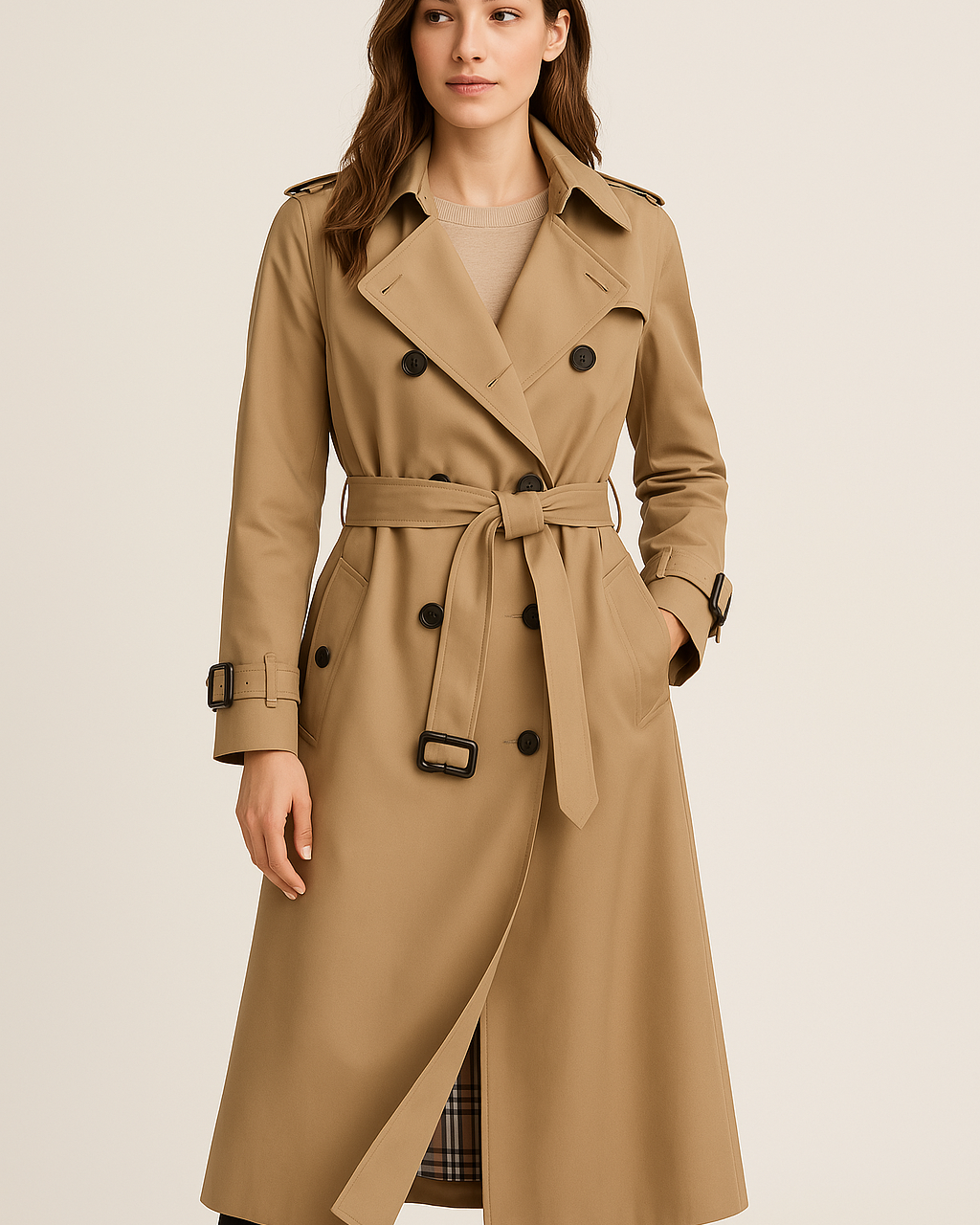 Damski Dwurzędowy Trencz – Elegancki z Paskiem i Kieszeniami