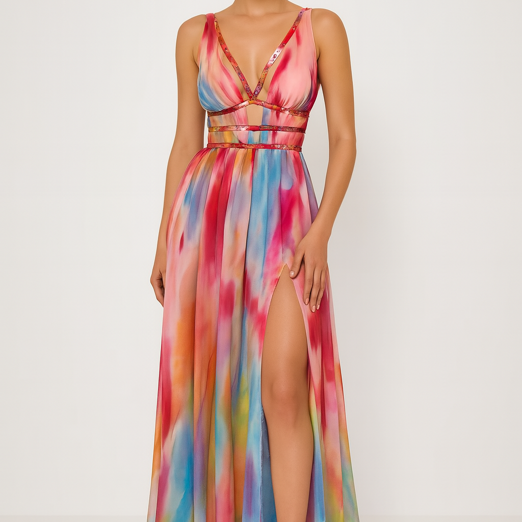 Celiva – Malowana sukienka maxi z wycięciem w talii