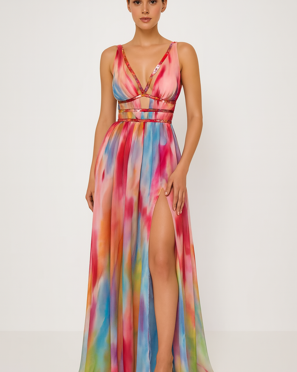Celiva – Malowana sukienka maxi z wycięciem w talii