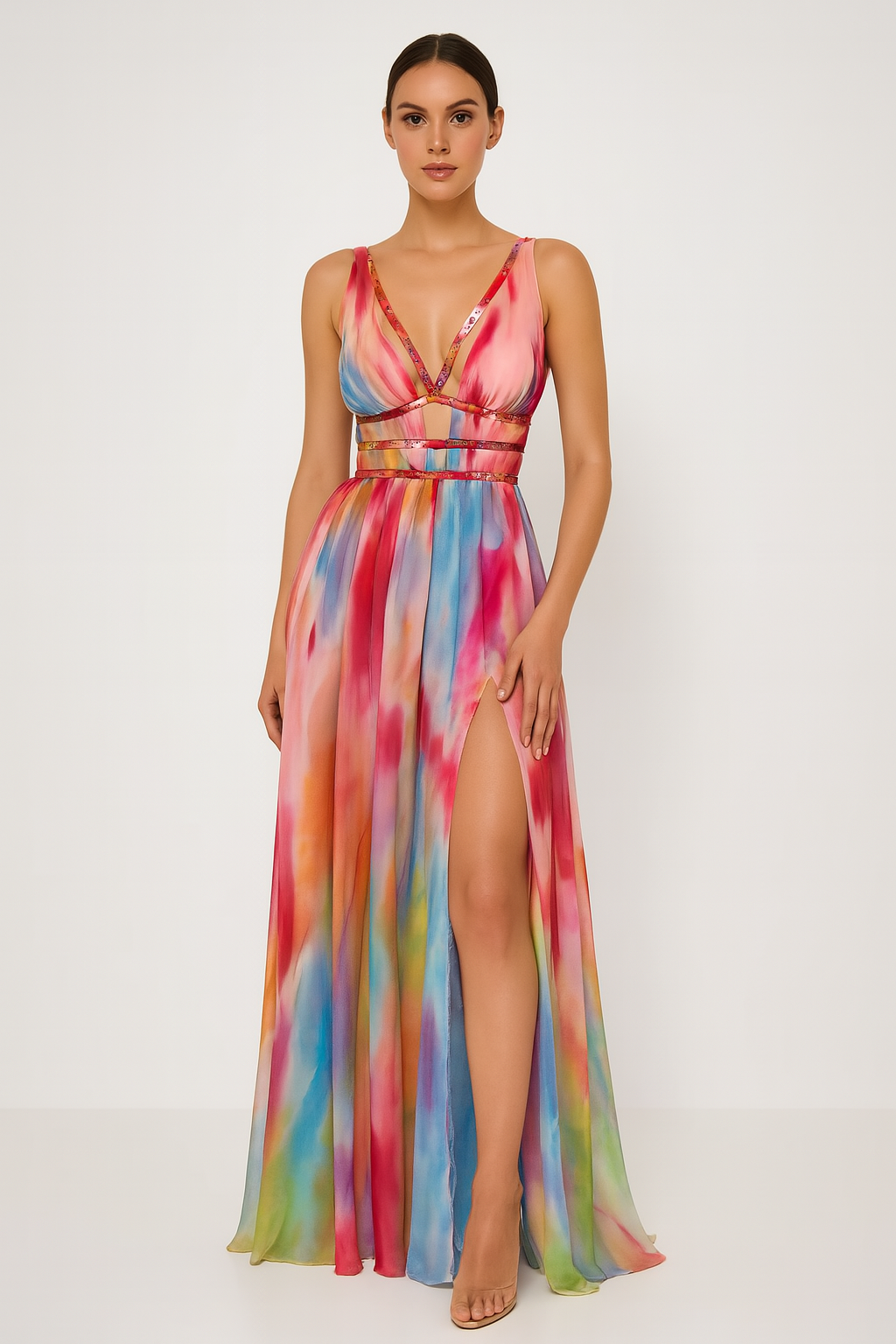 Celiva – Malowana sukienka maxi z wycięciem w talii