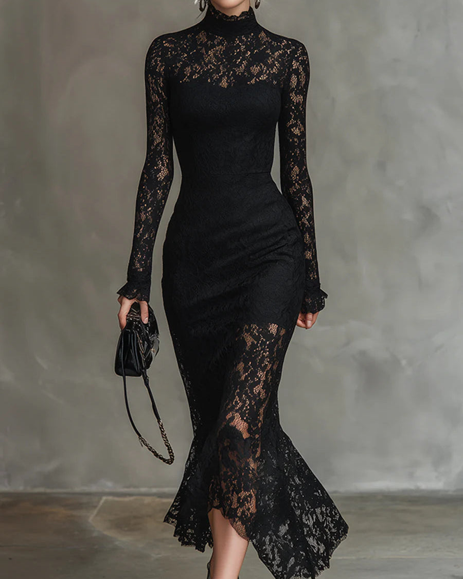 Elwira | Elegancka czarna sukienka maxi z koronką