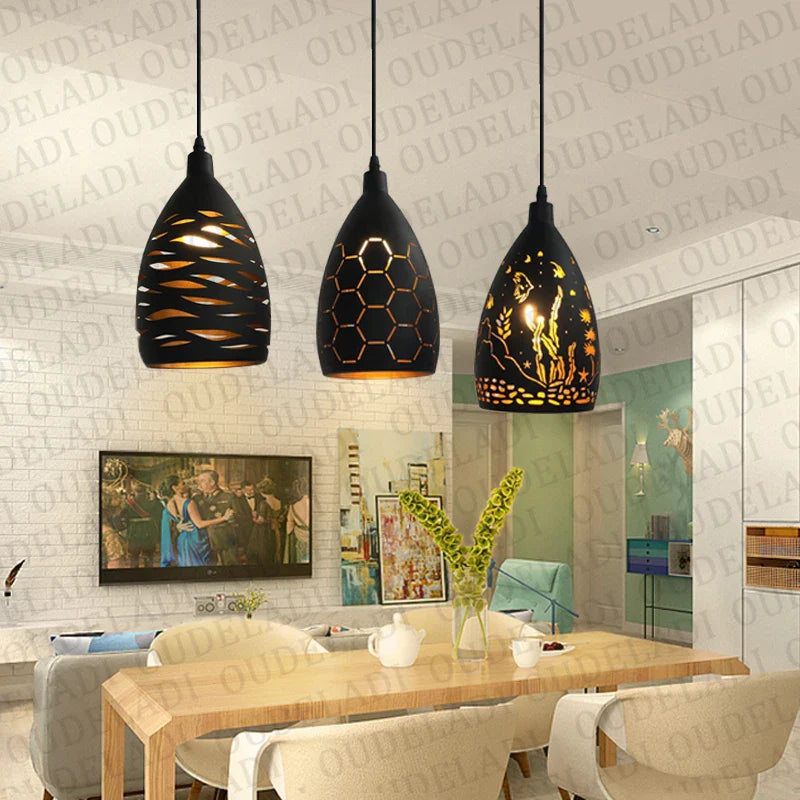Nowoczesna lampa wisząca LED – metalowy klosz z dekoracyjnym wzorem