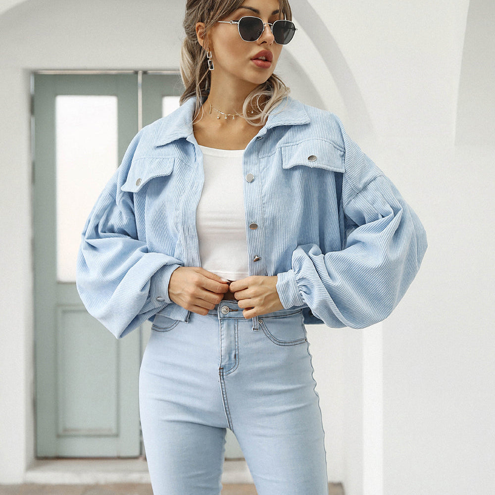 Damska Krótka Kurtka Jeansowa - Stylowa Casual z Balonowymi Rękawami