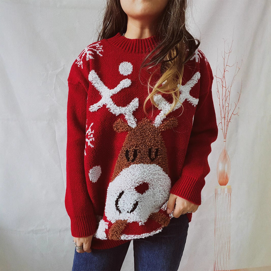 Damski Czerwony Dziany Sweter Świąteczny - Wzór Renifer
