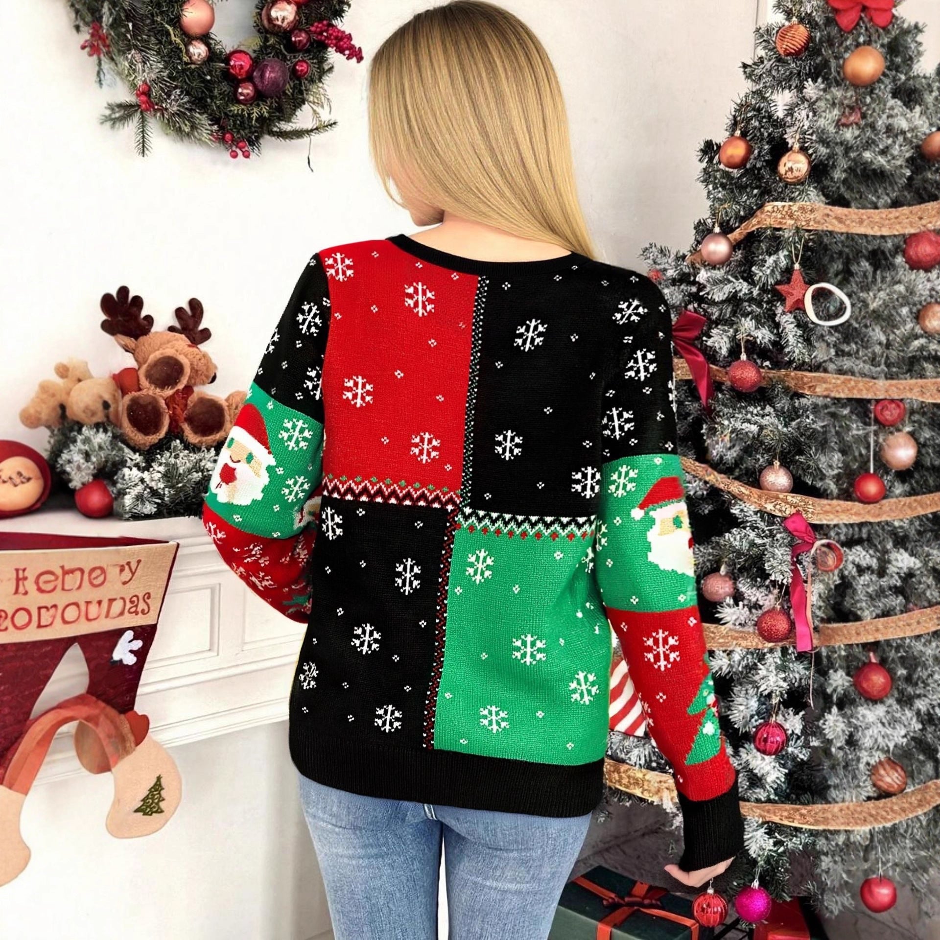 Damski Wielokolorowy Dziany Sweter Świąteczny - Patchwork i Wzór Bałwan/Choinka