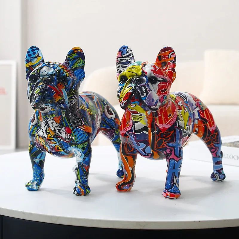 Rzeźba Graffiti Bulldog z Żywicy – Kolorowa Dekoracja do Wnętrz, Nowoczesny Styl, 17 cm x 8 cm x 15 cm