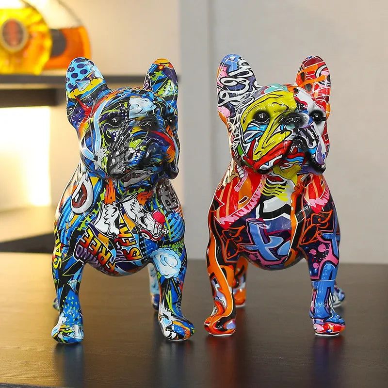 Rzeźba Graffiti Bulldog z Żywicy – Kolorowa Dekoracja do Wnętrz, Nowoczesny Styl, 17 cm x 8 cm x 15 cm