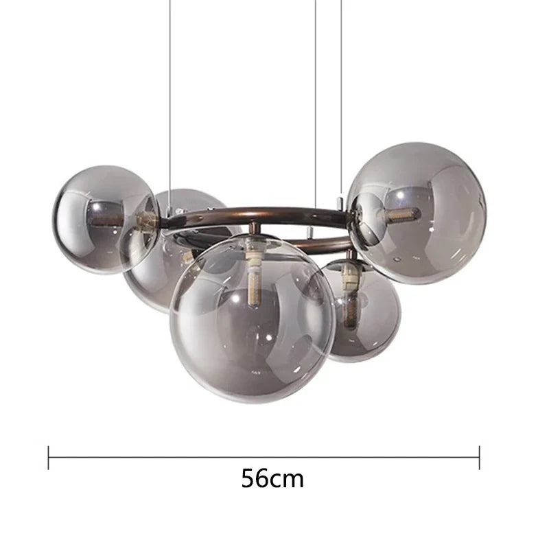 Nowoczesny żyrandol z kulami ze szkła – Designerska lampa wisząca z przydymionymi kloszami i okrągłą ramą