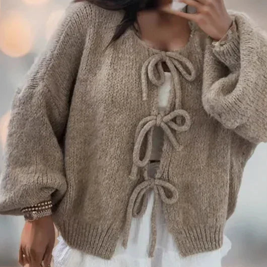 Damski Kardigan - Wiązanie na Kokardki z Rękawem Balonowym