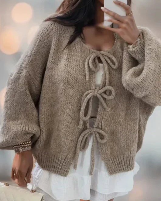 Damski Kardigan - Wiązanie na Kokardki z Rękawem Balonowym