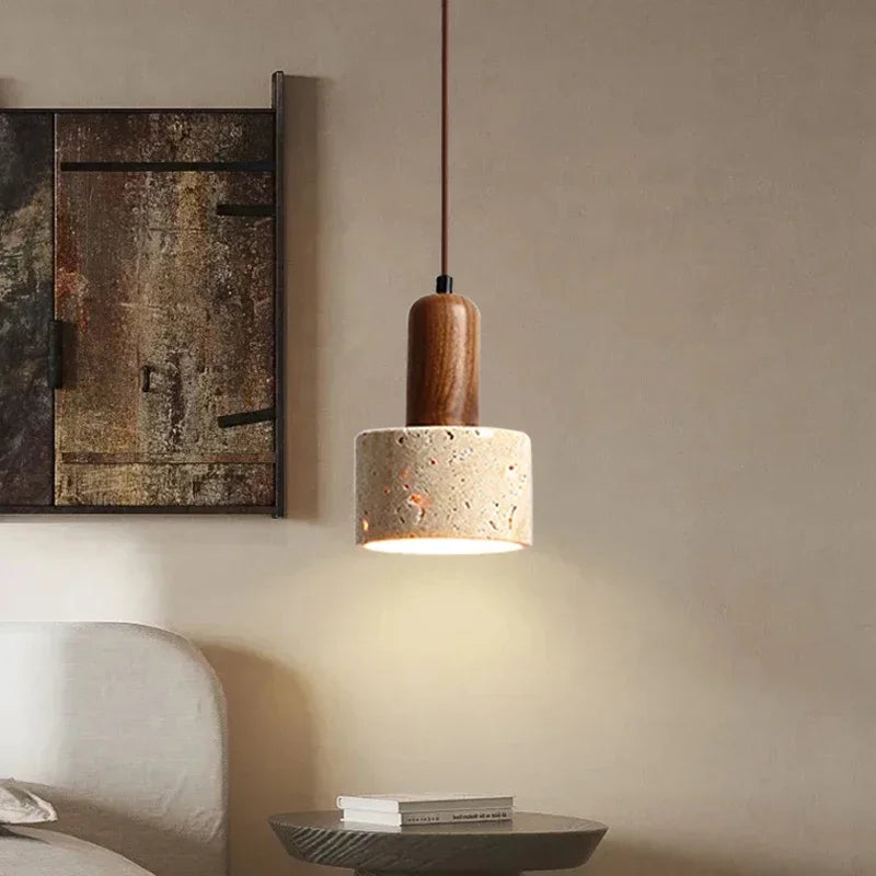 Lampa wisząca z naturalnego kamienia i drewna – nowoczesna lampa sufitowa do kuchni lub jadalni