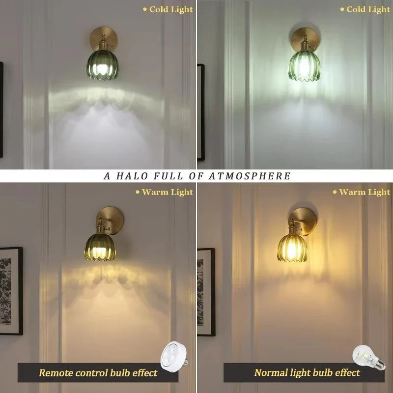 Lampa ścienna retro w kształcie kwiatu tulipana – kinkiet ze szklanym kloszem i złotym wykończeniem